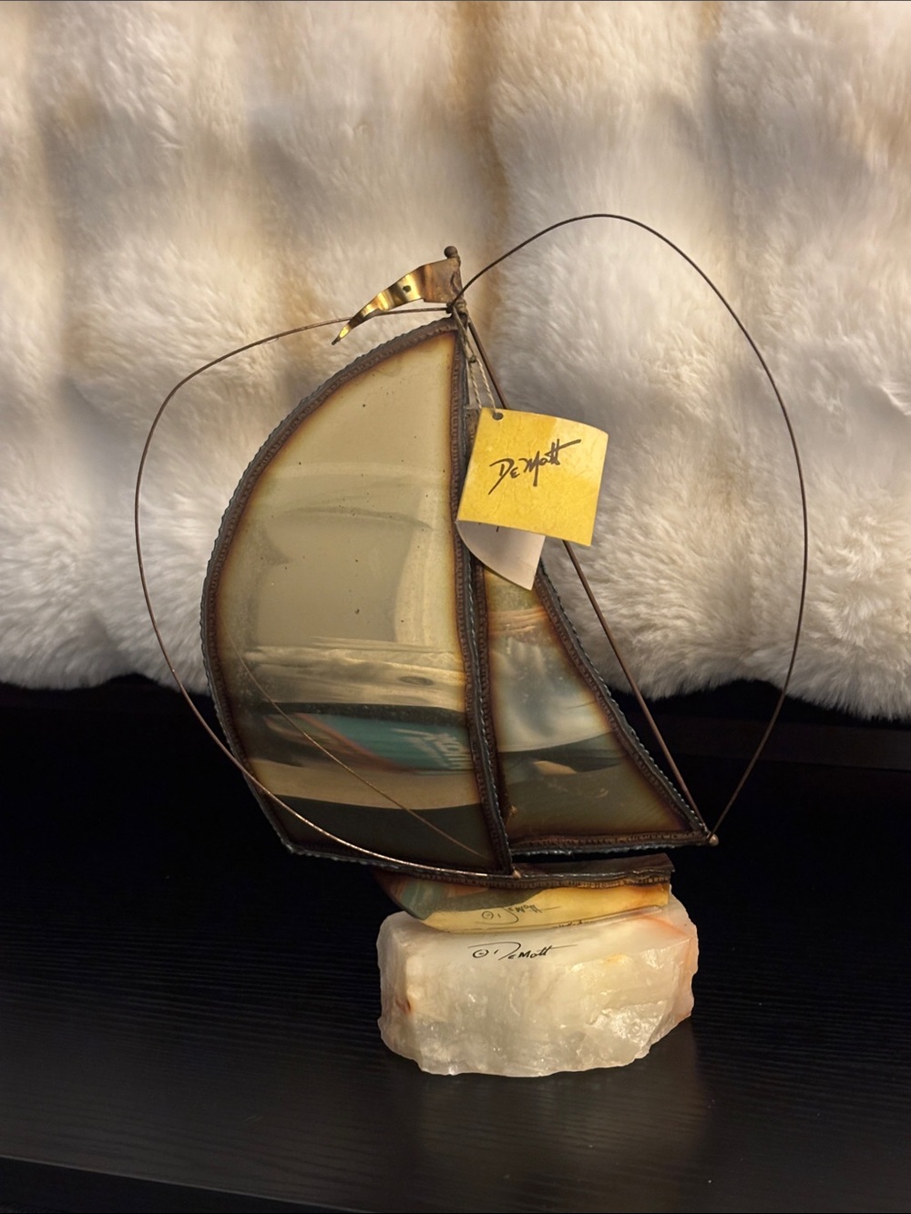 Vintage signed brass sailboat sculpture on quartz base with original tag!